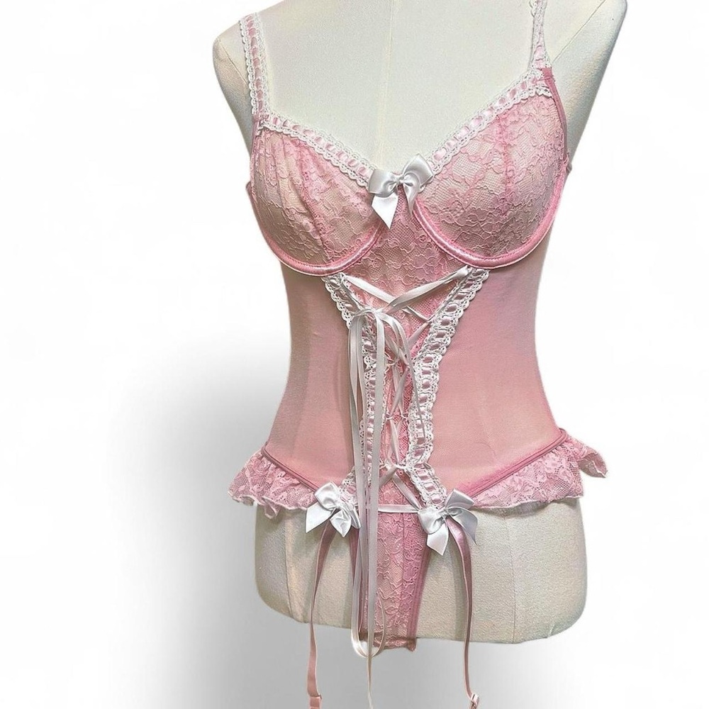 Pastel pink white lace ribbons bows sheer lingerie bodysuit one piece spring